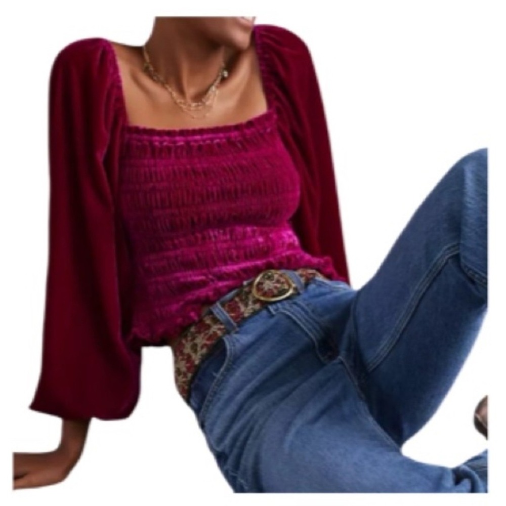 Anthropologie Velvet Smocked Top Large Magenta Puff Sleeve Renaissance Holiday